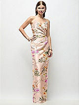 Front View Thumbnail - Butterfly Botanica Pink Sand Strapless Asymmetrical Draped Satin Column Floral Maxi Dress