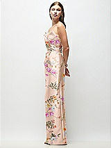 Side View Thumbnail - Butterfly Botanica Pink Sand Strapless Asymmetrical Draped Satin Column Floral Maxi Dress