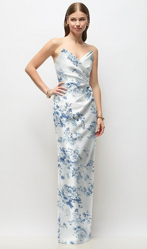Front View - Cottage Rose Larkspur Strapless Asymmetrical Draped Satin Column Floral Maxi Dress