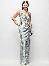 Front View Thumbnail - Porcelain Blue Seraphina Floral Strapless Asymmetrical Draped Satin Column Floral Maxi Dress