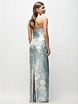 Rear View Thumbnail - Porcelain Blue Seraphina Floral Strapless Asymmetrical Draped Satin Column Floral Maxi Dress