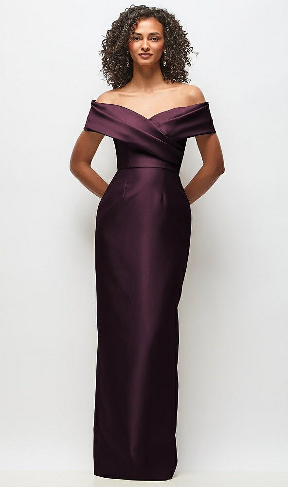 Front View - Deep Plum Draped Wrap Off-the-Shoulder Satin Column Floral Maxi Dress