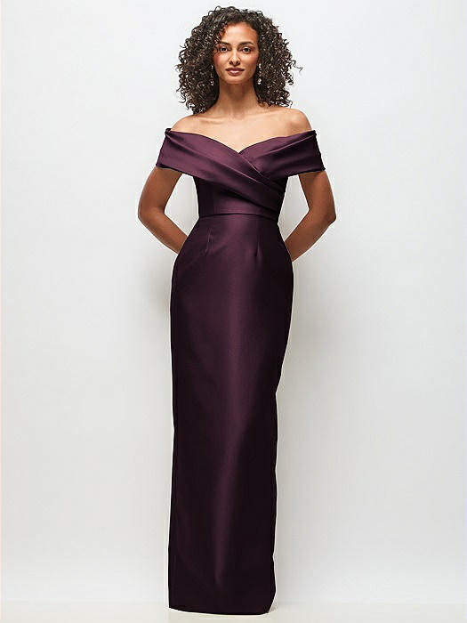 Draped Wrap Off-the-Shoulder Satin Column Floral Maxi Dress