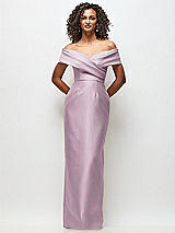 Front View Thumbnail - Suede Rose Draped Wrap Off-the-Shoulder Satin Column Floral Maxi Dress