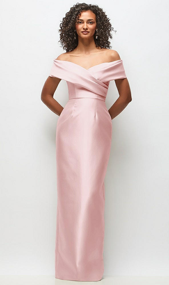 Front View - Ballet Pink Draped Wrap Off-the-Shoulder Satin Column Floral Maxi Dress