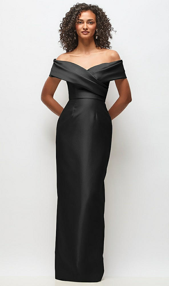 Front View - Black Draped Wrap Off-the-Shoulder Satin Column Floral Maxi Dress