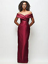 Front View Thumbnail - Burgundy Draped Wrap Off-the-Shoulder Satin Column Floral Maxi Dress