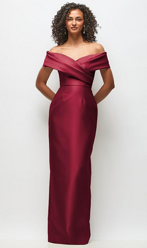 Front View - Burgundy Draped Wrap Off-the-Shoulder Satin Column Floral Maxi Dress