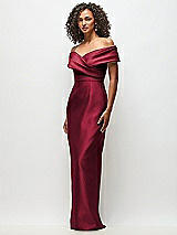 Side View Thumbnail - Burgundy Draped Wrap Off-the-Shoulder Satin Column Floral Maxi Dress