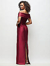 Rear View Thumbnail - Burgundy Draped Wrap Off-the-Shoulder Satin Column Floral Maxi Dress
