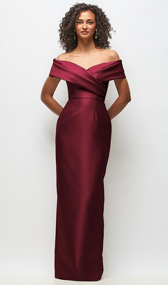 Front View - Cabernet Draped Wrap Off-the-Shoulder Satin Column Floral Maxi Dress
