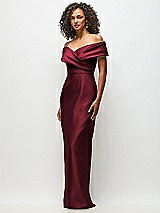 Side View Thumbnail - Cabernet Draped Wrap Off-the-Shoulder Satin Column Floral Maxi Dress