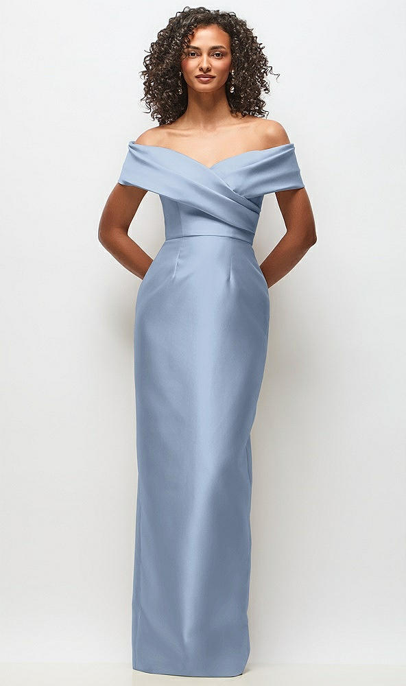 Front View - Cloudy Draped Wrap Off-the-Shoulder Satin Column Floral Maxi Dress