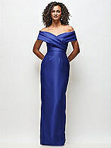 Front View Thumbnail - Cobalt Blue Draped Wrap Off-the-Shoulder Satin Column Floral Maxi Dress