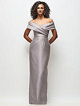 Front View Thumbnail - Cashmere Gray Draped Wrap Off-the-Shoulder Satin Column Floral Maxi Dress