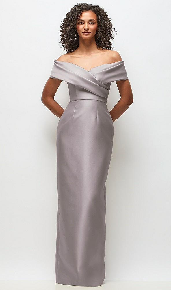 Front View - Cashmere Gray Draped Wrap Off-the-Shoulder Satin Column Floral Maxi Dress