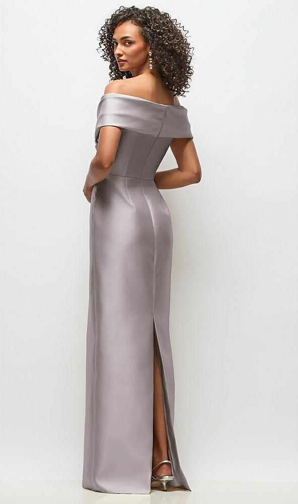 Back View - Cashmere Gray Draped Wrap Off-the-Shoulder Satin Column Floral Maxi Dress