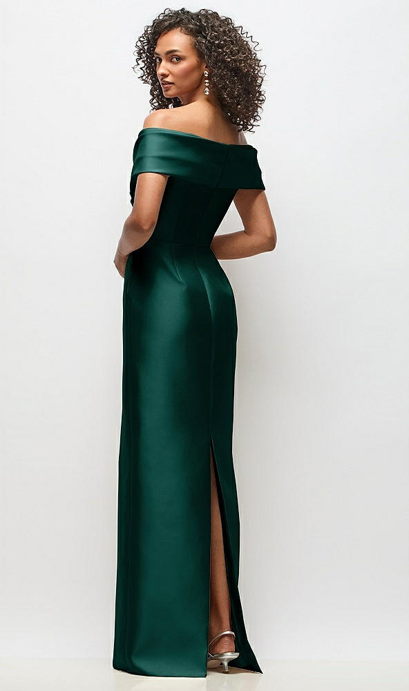 Back View - Evergreen Draped Wrap Off-the-Shoulder Satin Column Floral Maxi Dress