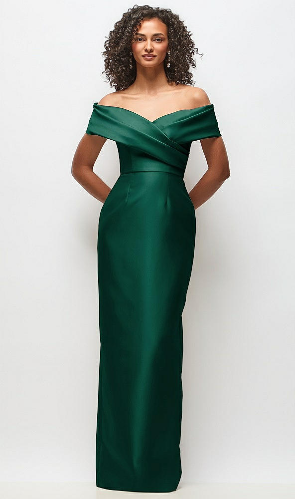 Front View - Hunter Green Draped Wrap Off-the-Shoulder Satin Column Floral Maxi Dress