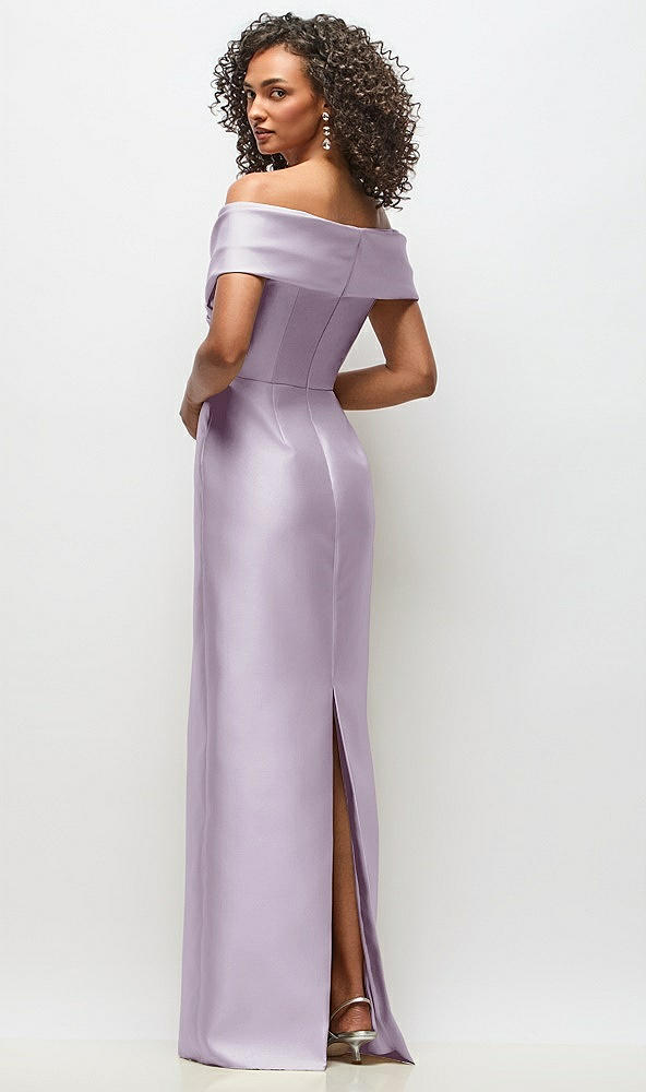 Back View - Lilac Haze Draped Wrap Off-the-Shoulder Satin Column Floral Maxi Dress