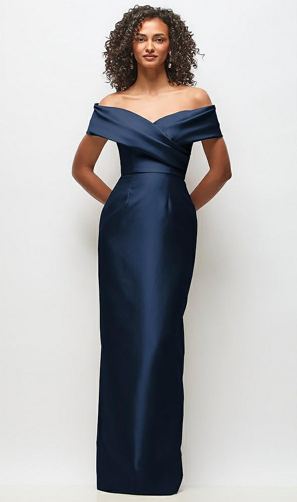 Front View - Midnight Navy Draped Wrap Off-the-Shoulder Satin Column Floral Maxi Dress