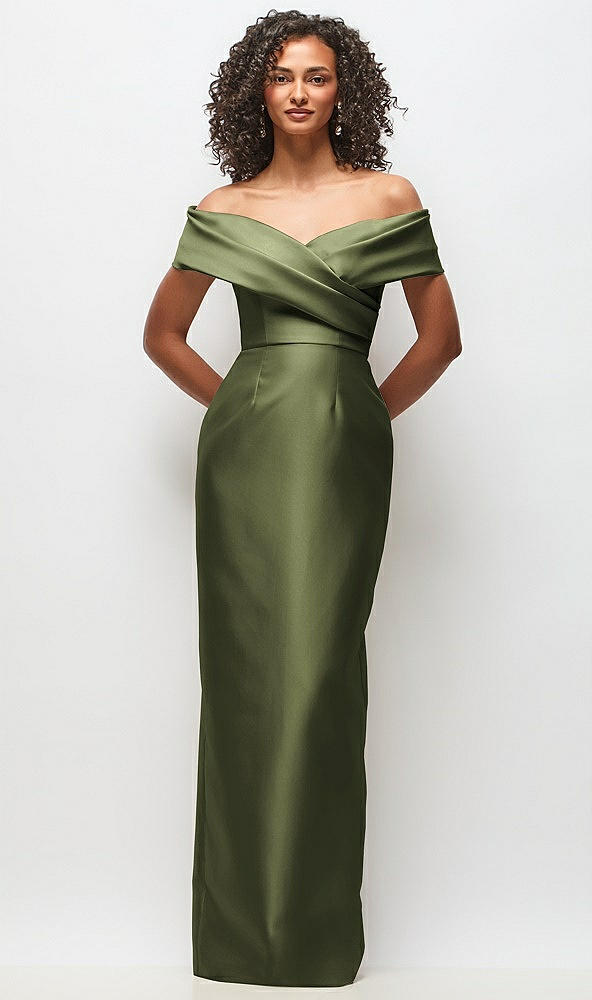 Front View - Olive Green Draped Wrap Off-the-Shoulder Satin Column Floral Maxi Dress