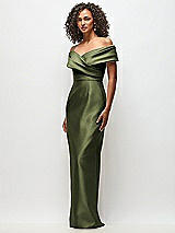 Side View Thumbnail - Olive Green Draped Wrap Off-the-Shoulder Satin Column Floral Maxi Dress