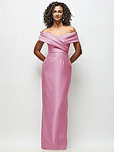 Front View Thumbnail - Powder Pink Draped Wrap Off-the-Shoulder Satin Column Floral Maxi Dress
