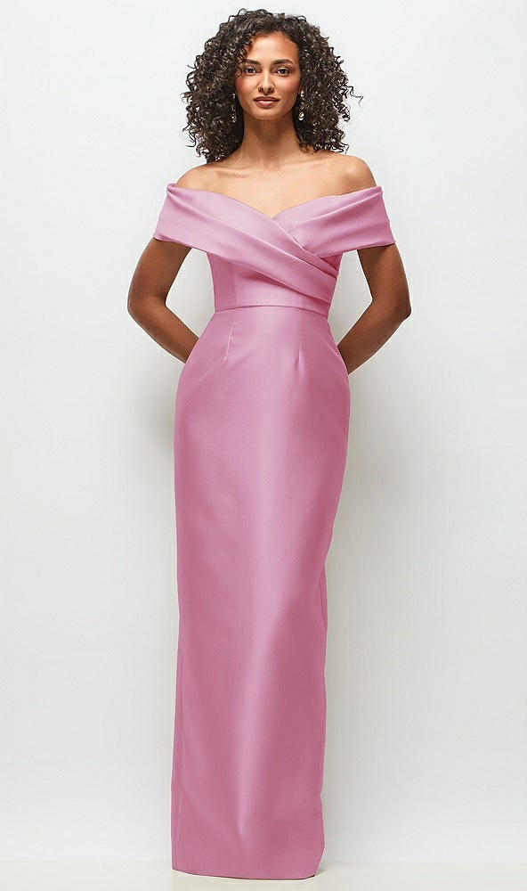 Front View - Powder Pink Draped Wrap Off-the-Shoulder Satin Column Floral Maxi Dress