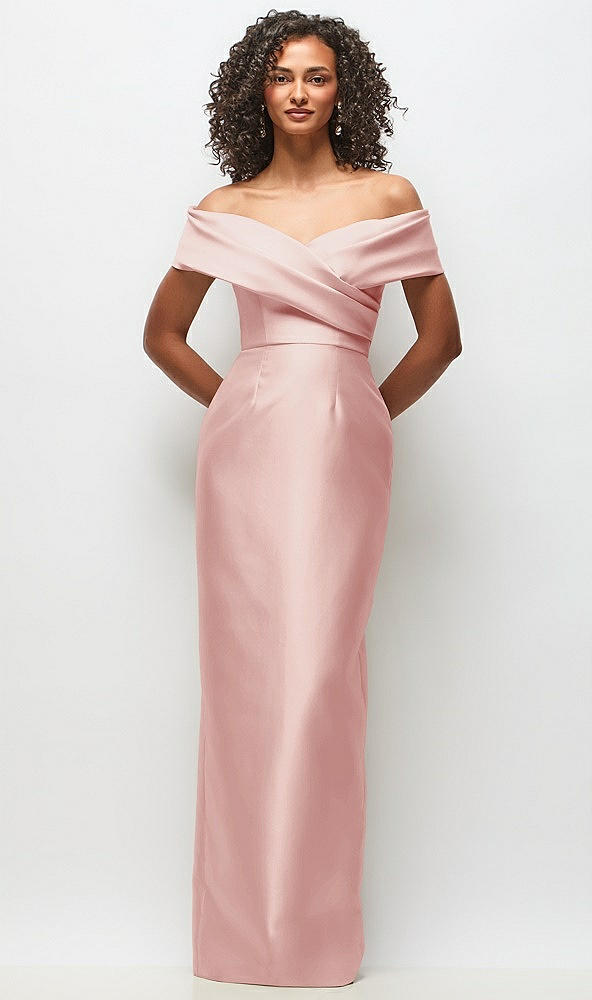 Front View - Rose Draped Wrap Off-the-Shoulder Satin Column Floral Maxi Dress
