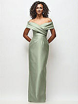 Front View Thumbnail - Sage Draped Wrap Off-the-Shoulder Satin Column Floral Maxi Dress