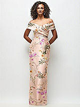 Front View Thumbnail - Butterfly Botanica Pink Sand Draped Wrap Off-the-Shoulder Satin Column Maxi Dress