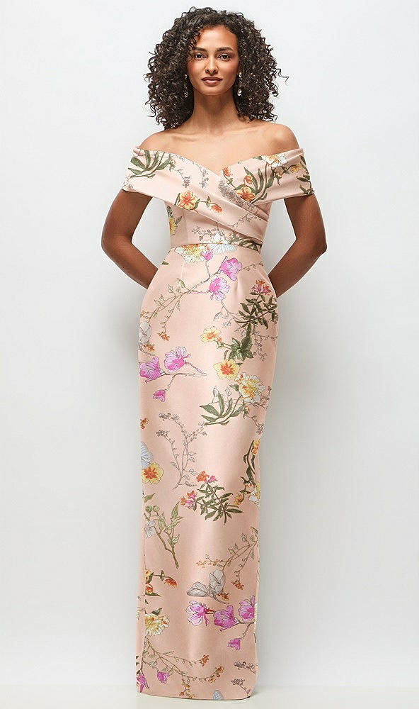 Front View - Butterfly Botanica Pink Sand Draped Wrap Off-the-Shoulder Satin Column Maxi Dress