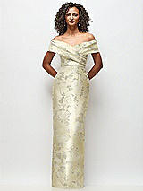 Front View Thumbnail - Butter Yellow Floral Draped Wrap Off-the-Shoulder Satin Column Maxi Dress