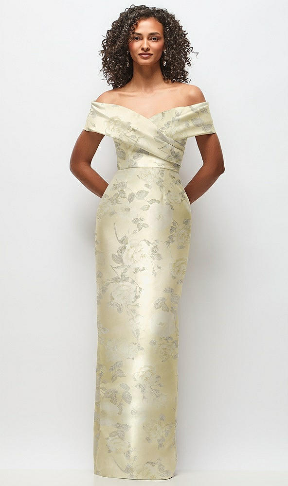 Front View - Butter Yellow Floral Draped Wrap Off-the-Shoulder Satin Column Maxi Dress