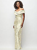 Side View Thumbnail - Butter Yellow Floral Draped Wrap Off-the-Shoulder Satin Column Maxi Dress