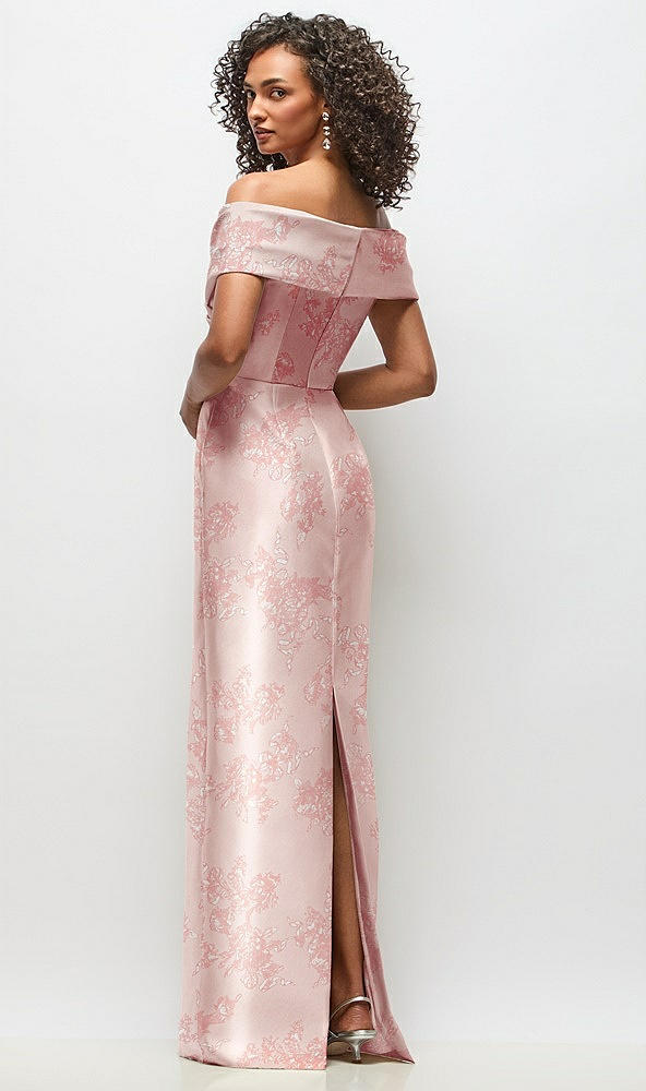 Back View - Bow And Blossom Print Draped Wrap Off-the-Shoulder Satin Column Maxi Dress