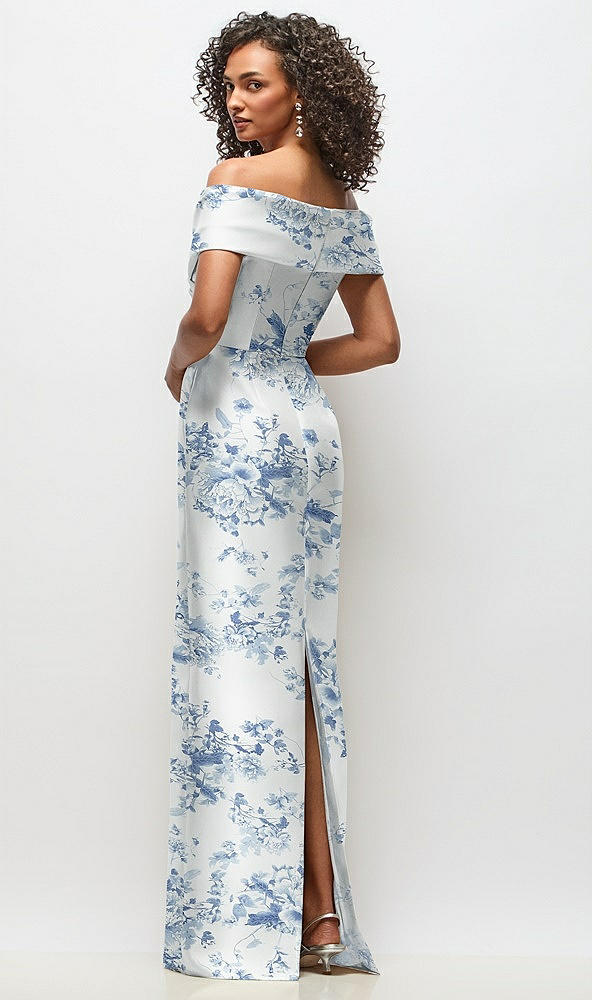 Back View - Cottage Rose Larkspur Draped Wrap Off-the-Shoulder Satin Column Maxi Dress