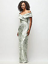 Side View Thumbnail - Sage Cottage Rose Draped Wrap Off-the-Shoulder Satin Column Maxi Dress