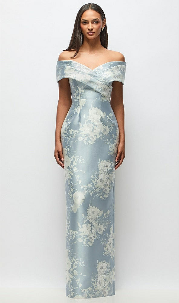 Front View - Porcelain Blue Seraphina Floral Draped Wrap Off-the-Shoulder Satin Column Maxi Dress