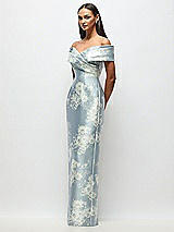 Side View Thumbnail - Porcelain Blue Seraphina Floral Draped Wrap Off-the-Shoulder Satin Column Maxi Dress