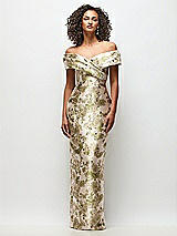 Front View Thumbnail - Peridot Blush Draped Wrap Off-the-Shoulder Abstract Floral Jacquard Column Maxi Dress