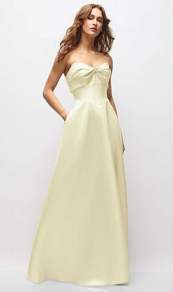 Front View - Butter Yellow Strapless Twist Cuff Neck Satin Maxi Dress with Basque-Waist & Full Skirt