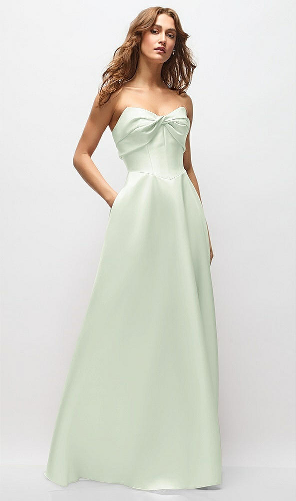 Front View - Mint Green Strapless Twist Cuff Neck Satin Maxi Dress with Basque-Waist & Full Skirt