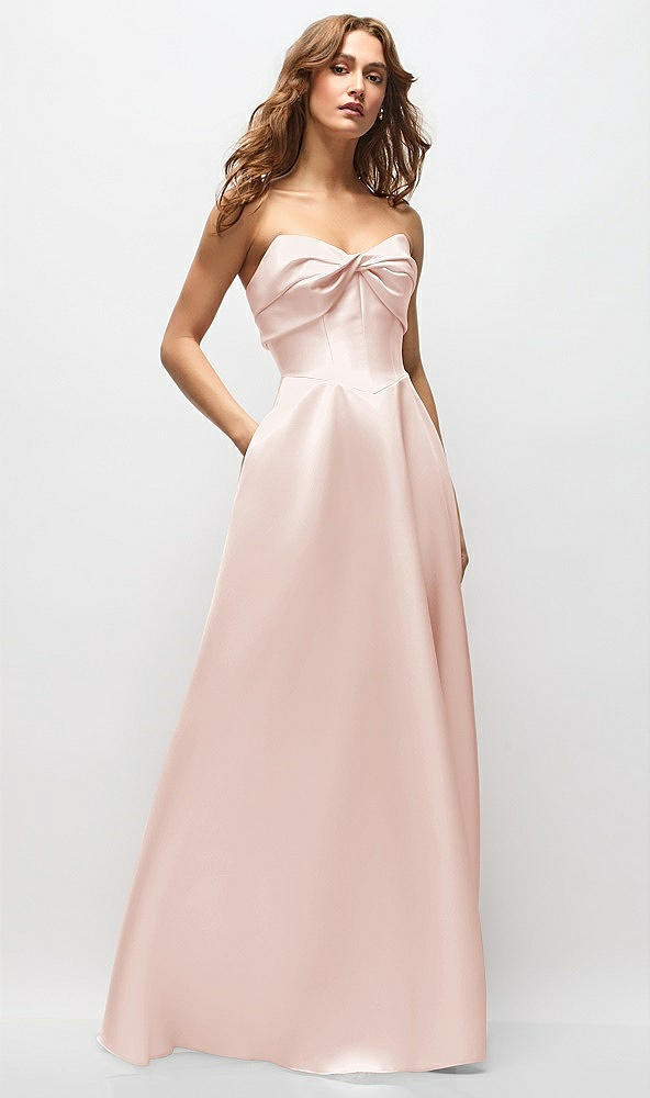 Front View - Blush Strapless Twist Cuff Neck Satin Maxi Dress with Basque-Waist & Full Skirt