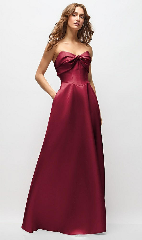 Front View - Burgundy Strapless Twist Cuff Neck Satin Maxi Dress with Basque-Waist & Full Skirt