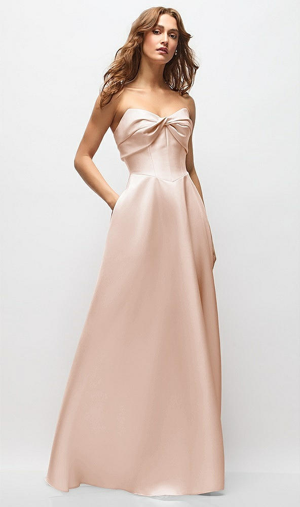 Front View - Cameo Strapless Twist Cuff Neck Satin Maxi Dress with Basque-Waist & Full Skirt