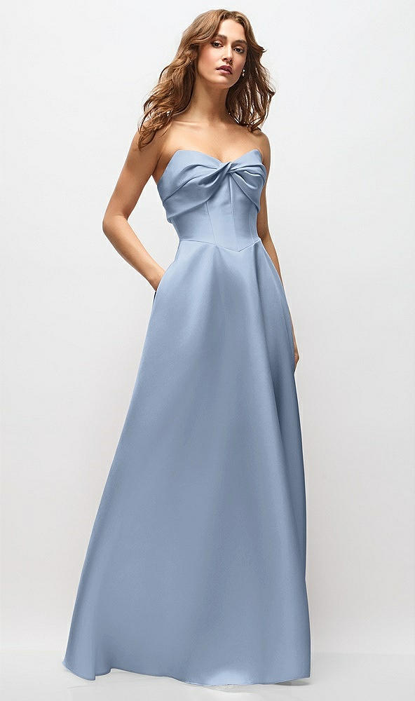 Front View - Cloudy Strapless Twist Cuff Neck Satin Maxi Dress with Basque-Waist & Full Skirt