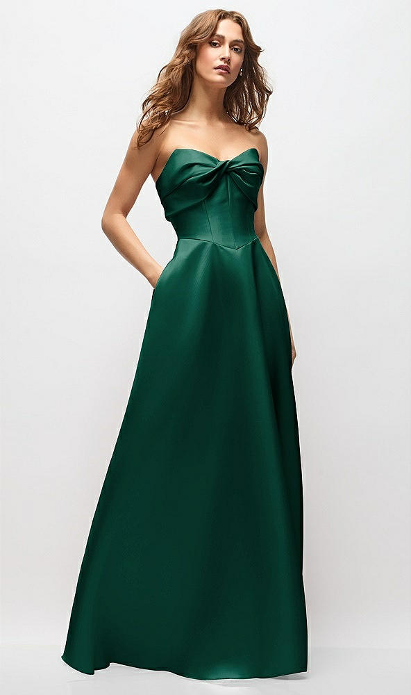 Front View - Hunter Green Strapless Twist Cuff Neck Satin Maxi Dress with Basque-Waist & Full Skirt