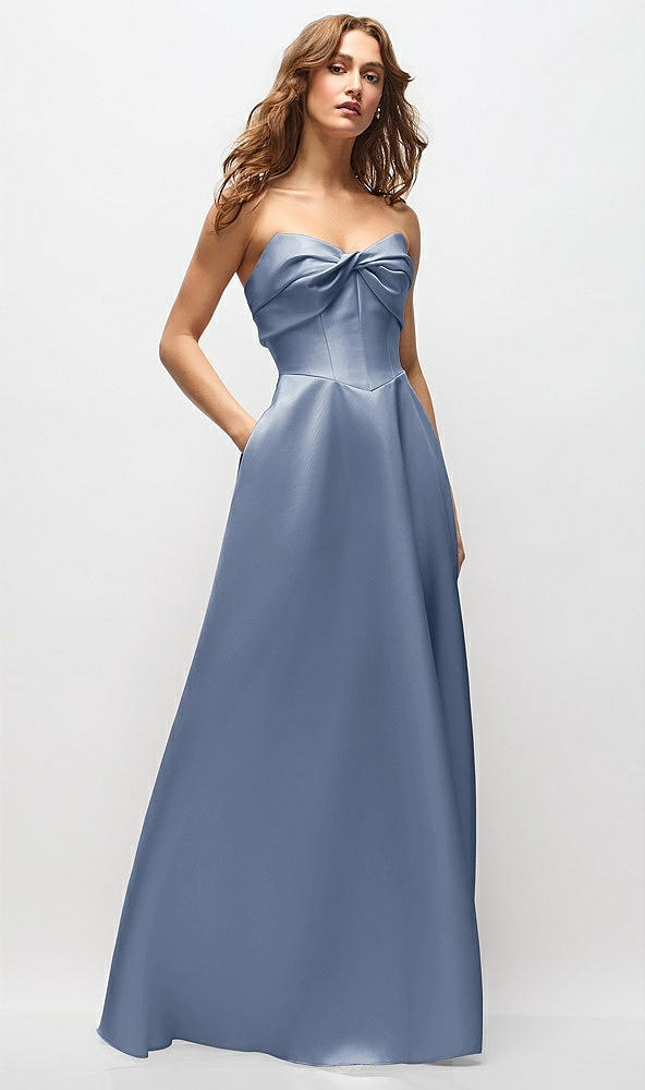 Front View - Larkspur Blue Strapless Twist Cuff Neck Satin Maxi Dress with Basque-Waist & Full Skirt